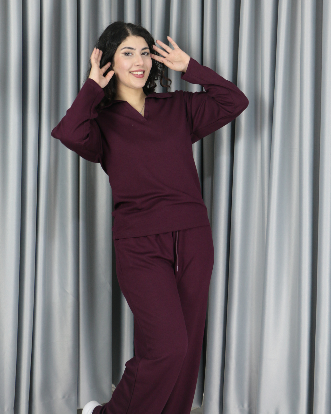 Modal dökümlü yumuşak dokulu polo yaka takım L - bordo