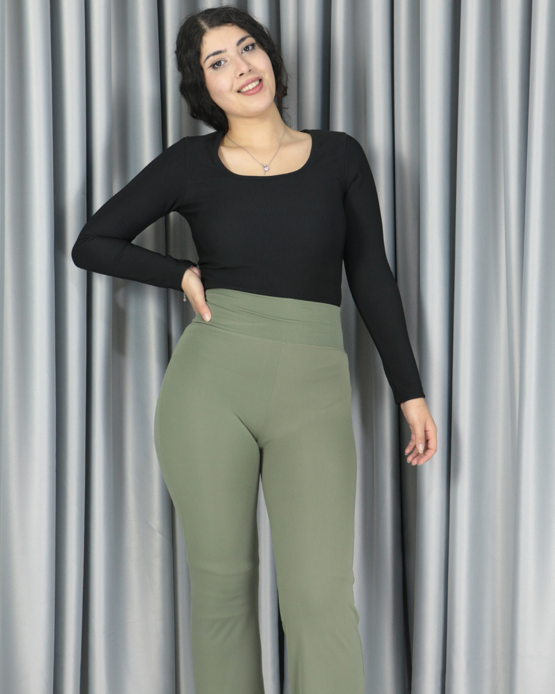 Yüksek Bel Boru Paça Şardonlu Premium Toparlayıcı Tayt M - haki