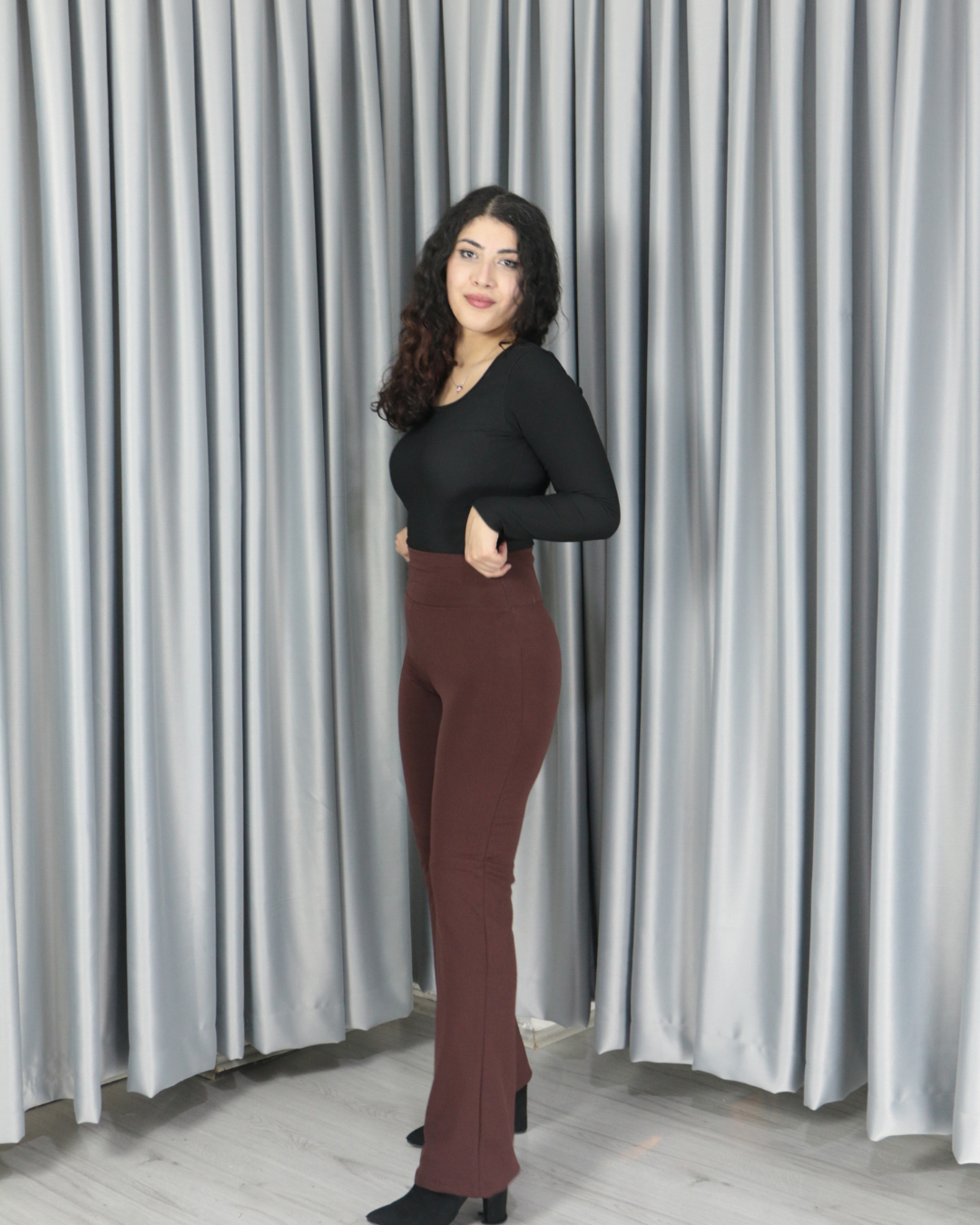 Yüksek Bel Boru Paça Şardonlu Premium Toparlayıcı Tayt L - acı kahve