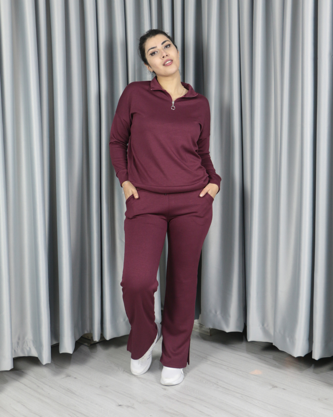 Modal Yarım Fermuarlı Paça Yırtmaç Detay Alt Üst Takım S - bordo