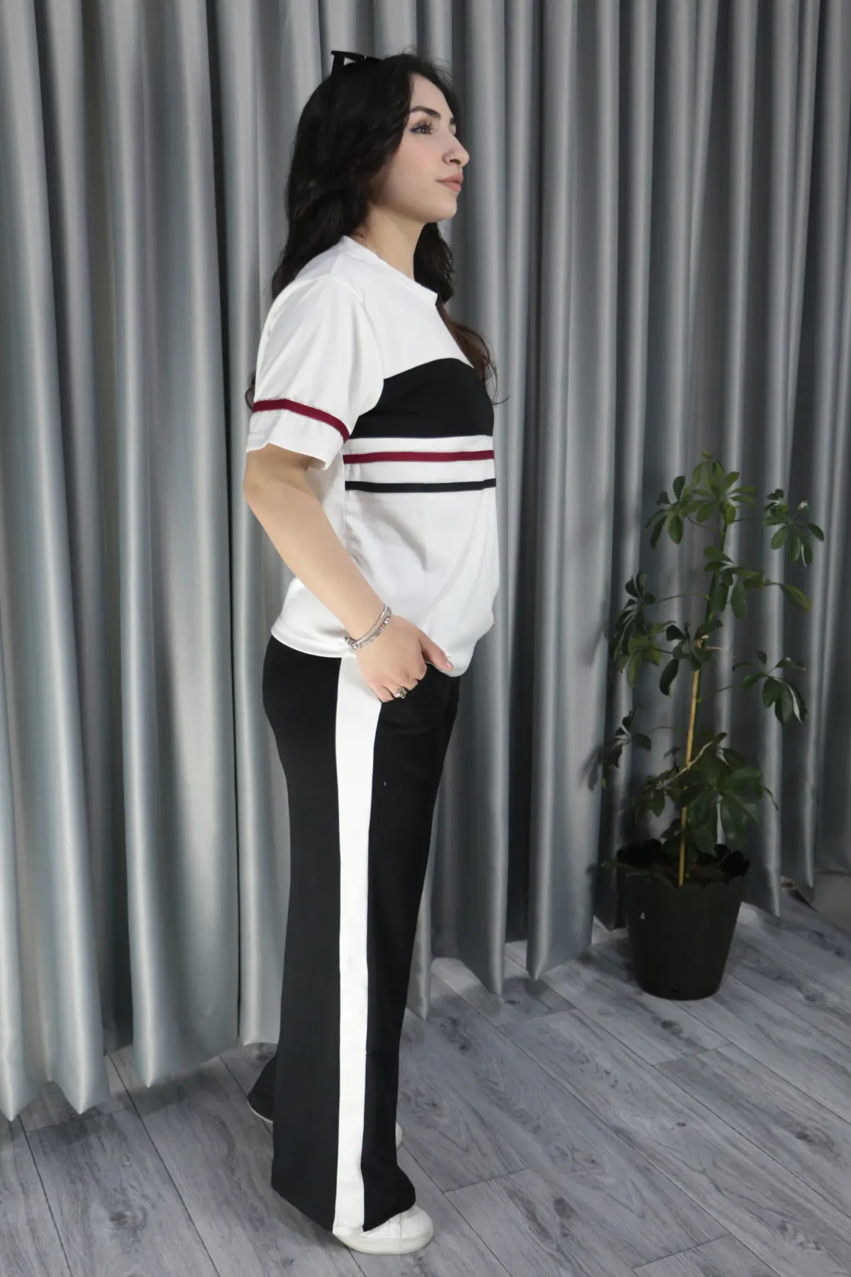 Modal Kumaş Şerit Detay Premium Kalite Alt Üst Kadın Takım S - siyah