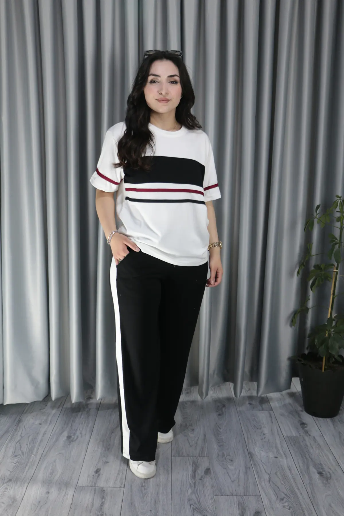 Modal Kumaş Şerit Detay Premium Kalite Alt Üst Kadın Takım S - siyah