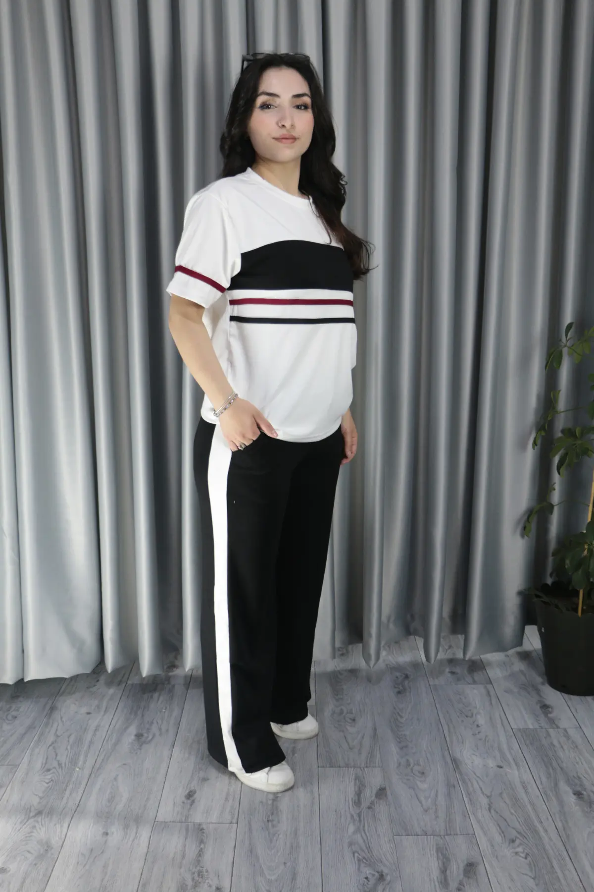 Kadın Modal Kumaş Şerit Detay Premium Kalite Alt Üst Takım S - siyah