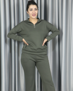 Modal Yarım Fermuarlı Paça Yırtmaç Detay Alt Üst Takım XL - haki