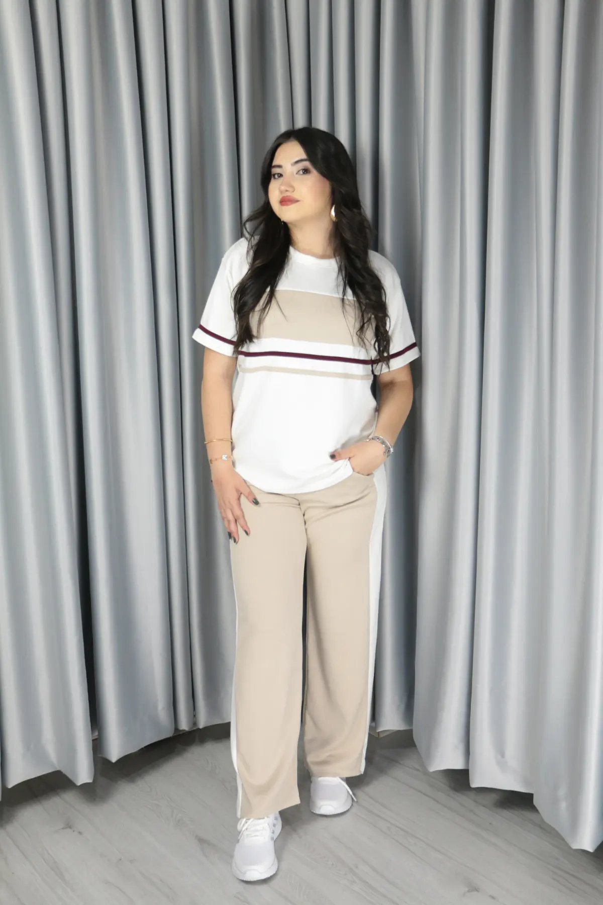 Kadın Modal Kumaş Şerit Detay Premium Kalite Alt Üst Takım XL - krem