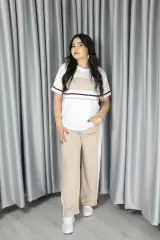 Kadın Modal Kumaş Şerit Detay Premium Kalite Alt Üst Takım XL - krem