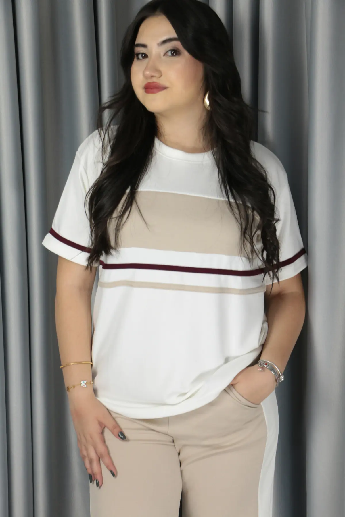 Modal Kumaş Şerit Detay Premium Kalite Alt Üst Kadın Takım S - krem