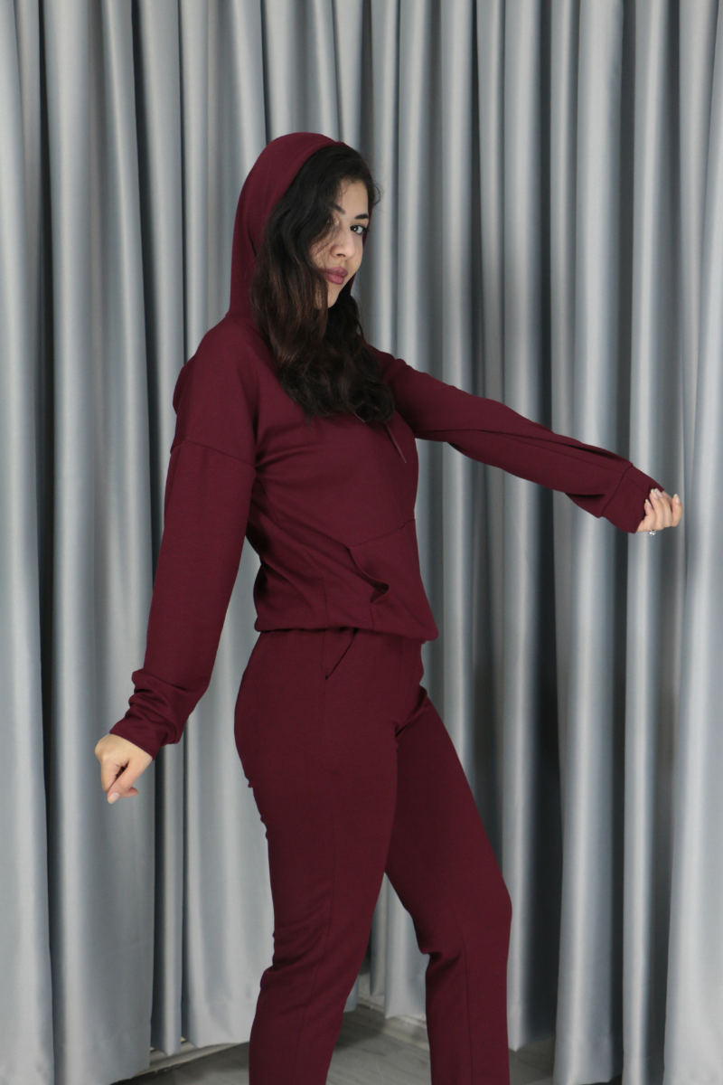 Yumuşak Dokulu Kanguru Cep Detay Kapişonlu Alt Üst Takım XL - bordo
