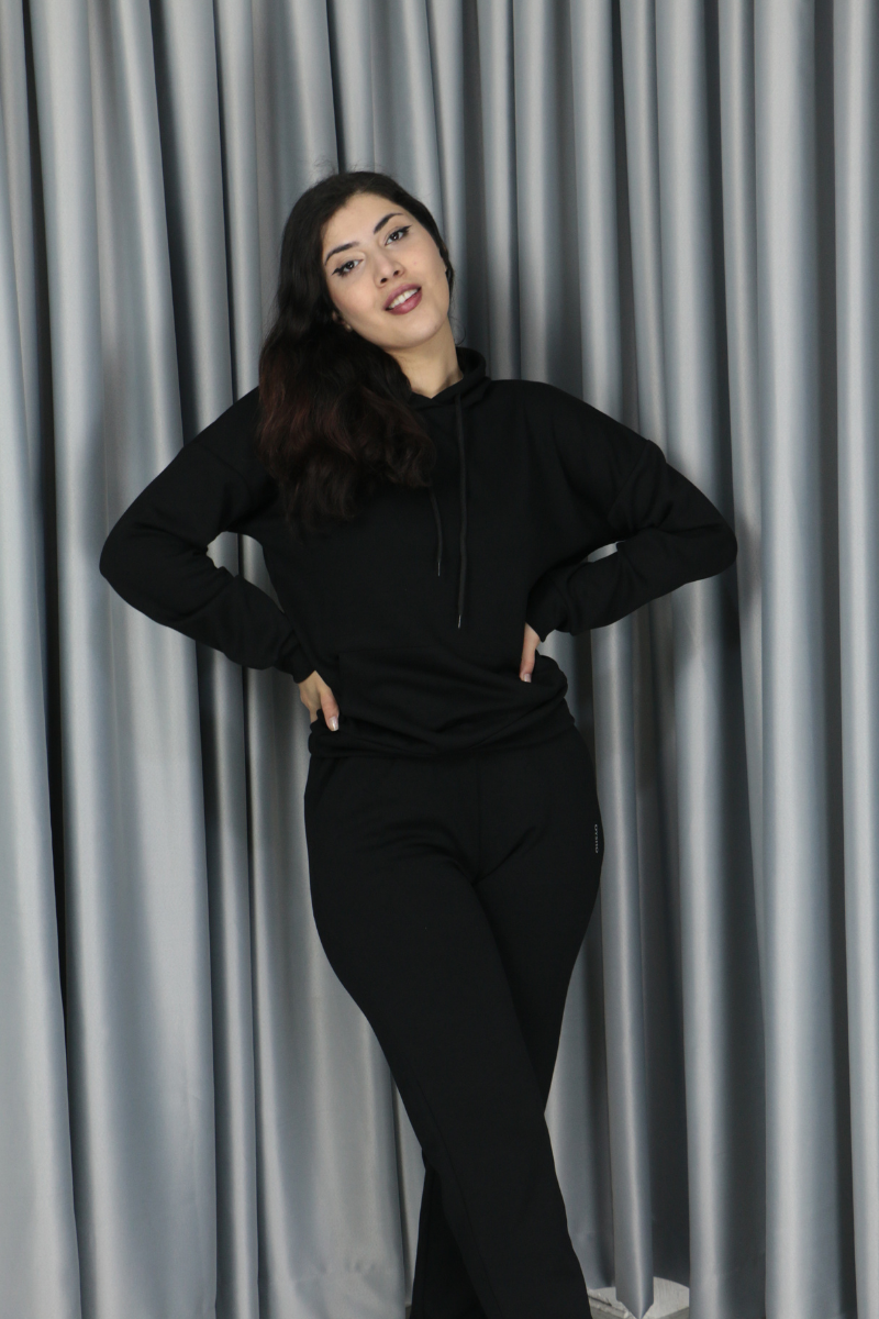 Yumuşak Dokulu Kanguru Cep Detay Kapişonlu Alt Üst Takım XL - siyah