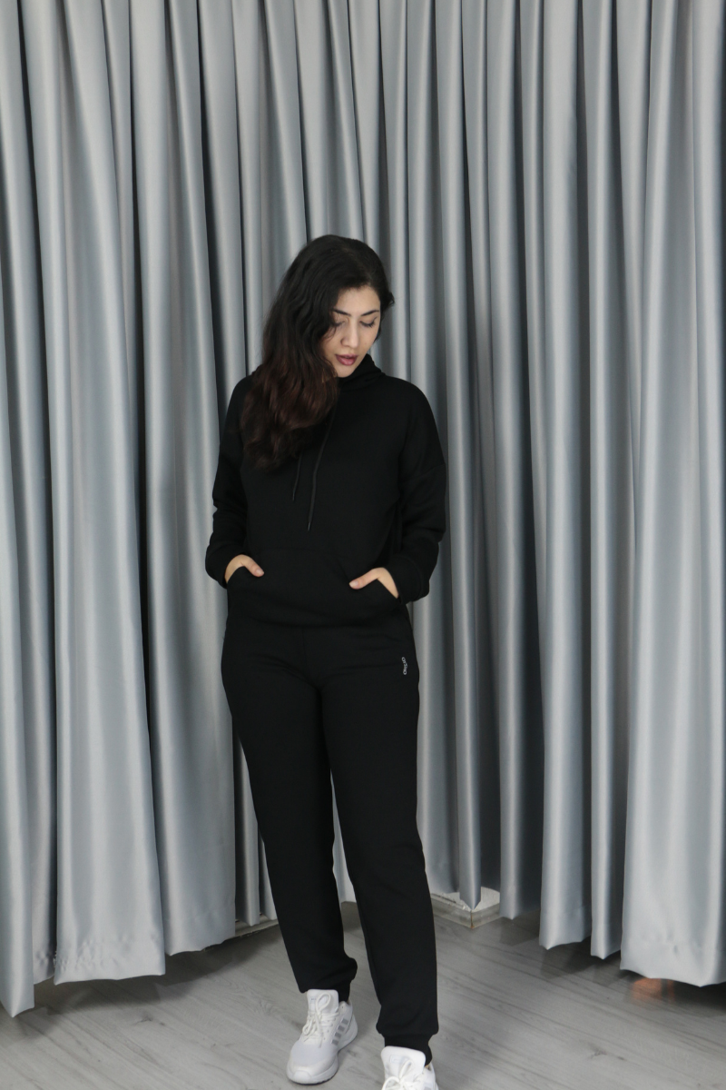 Yumuşak Dokulu Kanguru Cep Detay Kapişonlu Alt Üst Takım XL - siyah