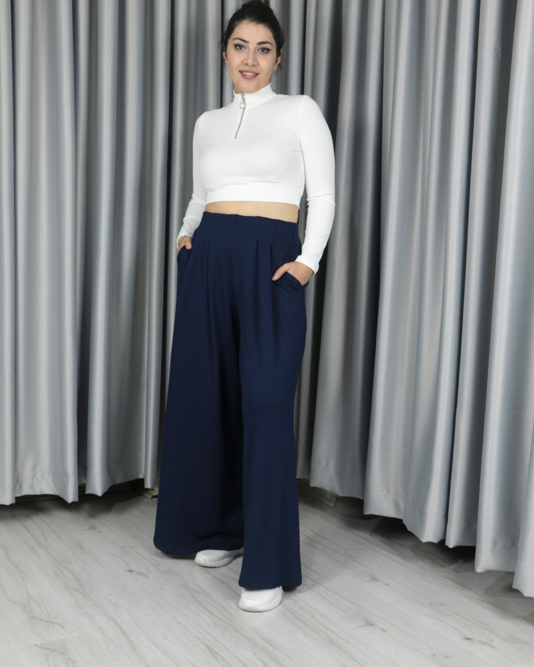 Modal Kumaş Bol Paça Pileli Yüksek Bel Pantolon lacivert - XL