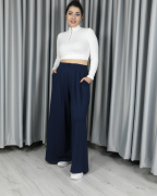 Modal Kumaş Bol Paça Pileli Yüksek Bel Pantolon lacivert - XL