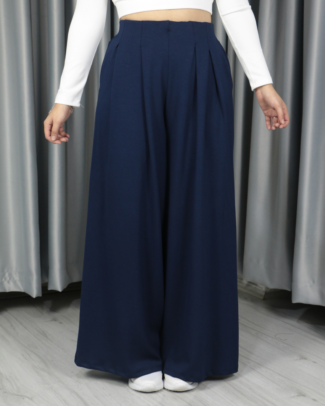 Modal Kumaş Bol Paça Pileli Yüksek Bel Pantolon lacivert - XL