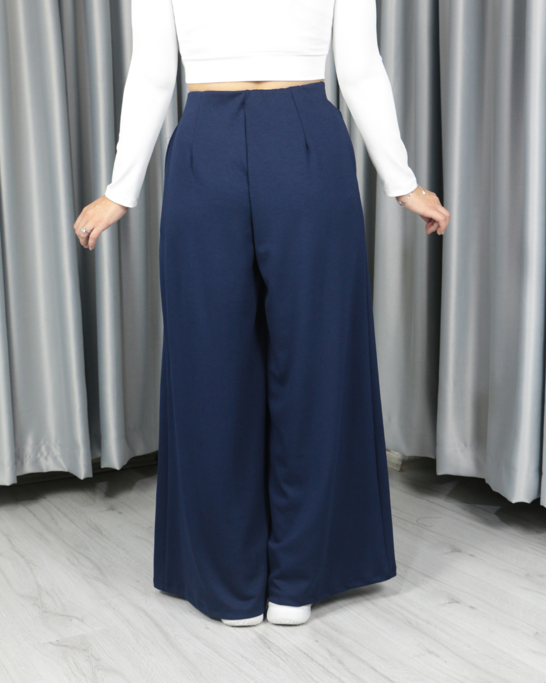 Modal Kumaş Bol Paça Pileli Yüksek Bel Pantolon lacivert - XL