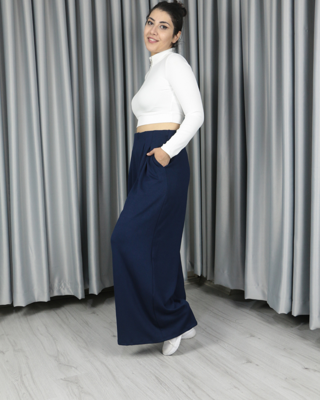 Modal Kumaş Bol Paça Pileli Yüksek Bel Pantolon lacivert - XL