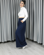 Modal Kumaş Bol Paça Pileli Yüksek Bel Pantolon lacivert - XL