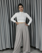 Modal Kumaş Bol Paça Pileli Yüksek Bel Pantolon gri - S