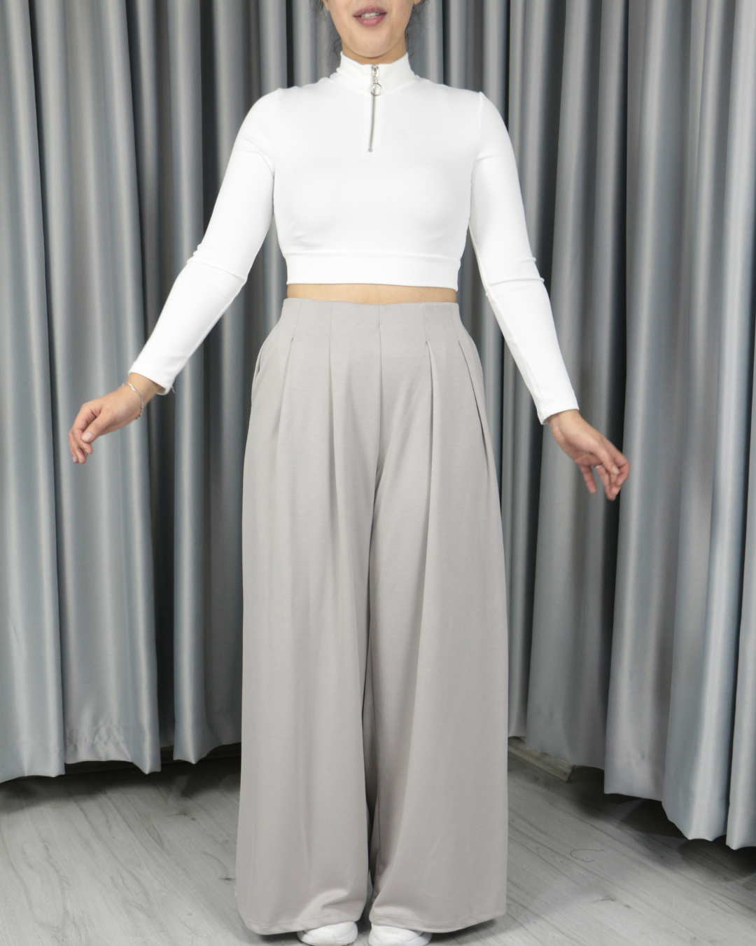 Modal Kumaş Bol Paça Pileli Yüksek Bel Pantolon gri - S