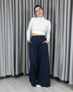 Modal Kumaş Bol Paça Pileli Yüksek Bel Pantolon lacivert - S