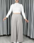 Modal Kumaş Bol Paça Pileli Yüksek Bel Pantolon gri - M