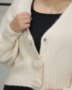 Önü Gül Detaylı Çıt Çıt Kapamalı Kışlık Kalın Triko Hırka Standart - krem