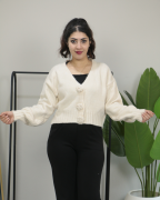 Önü Gül Detaylı Çıt Çıt Kapamalı Kışlık Kalın Triko Hırka Standart - krem