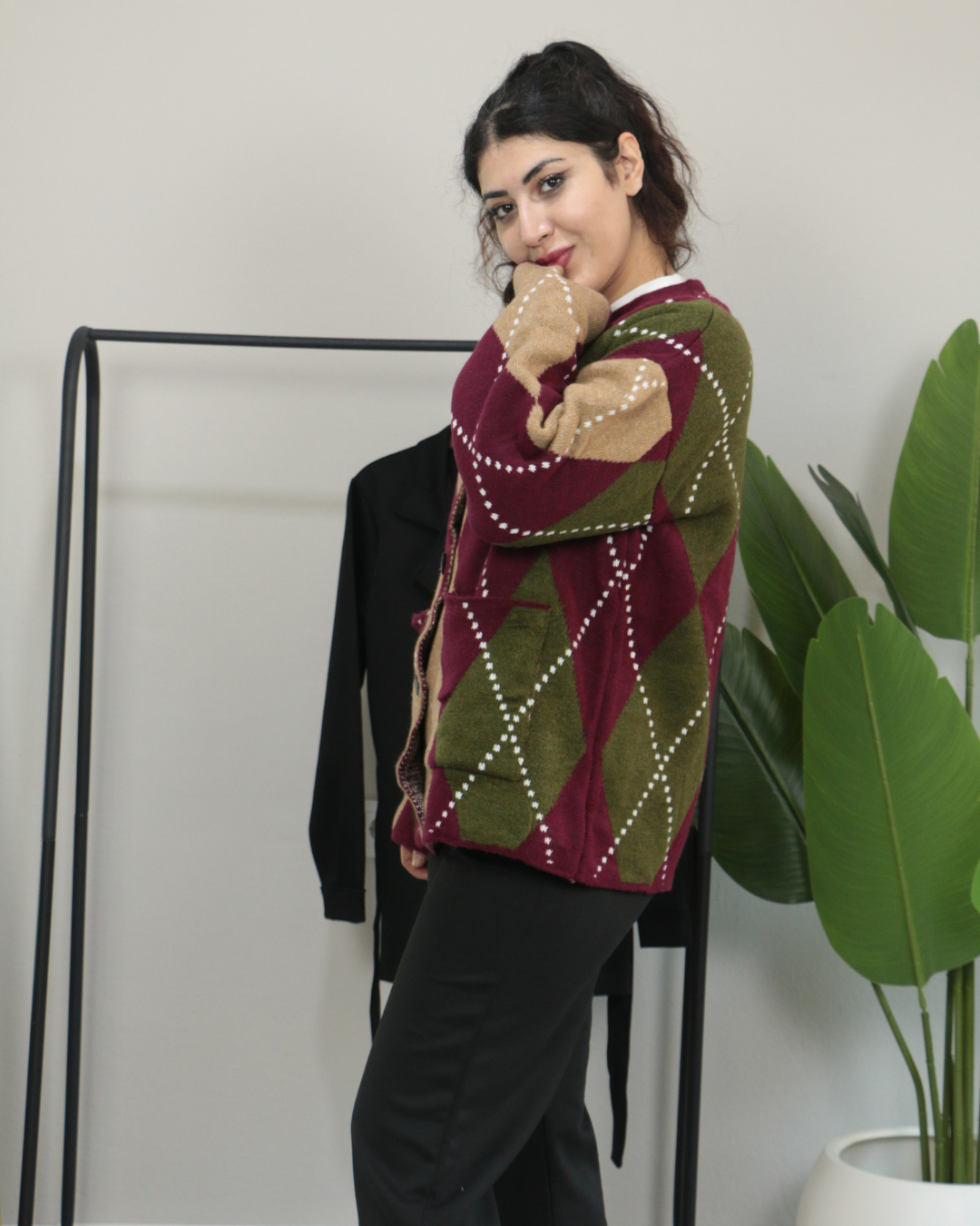 Kareli Desenli Çift Kat Kalın Kışlık Triko Kazak Standart - bordo