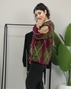 Kareli Desenli Çift Kat Kalın Kışlık Triko Kazak Standart - bordo