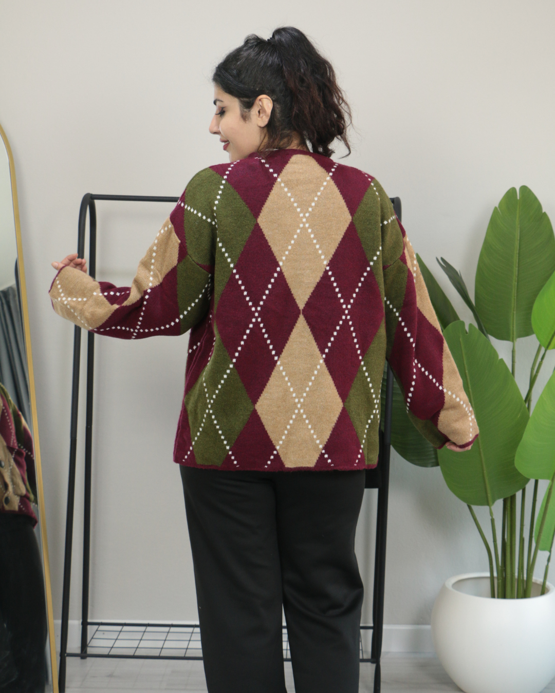 Kareli Desenli Çift Kat Kalın Kışlık Triko Kazak Standart - bordo