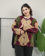 Kareli Desenli Çift Kat Kalın Kışlık Triko Kazak Standart - bordo