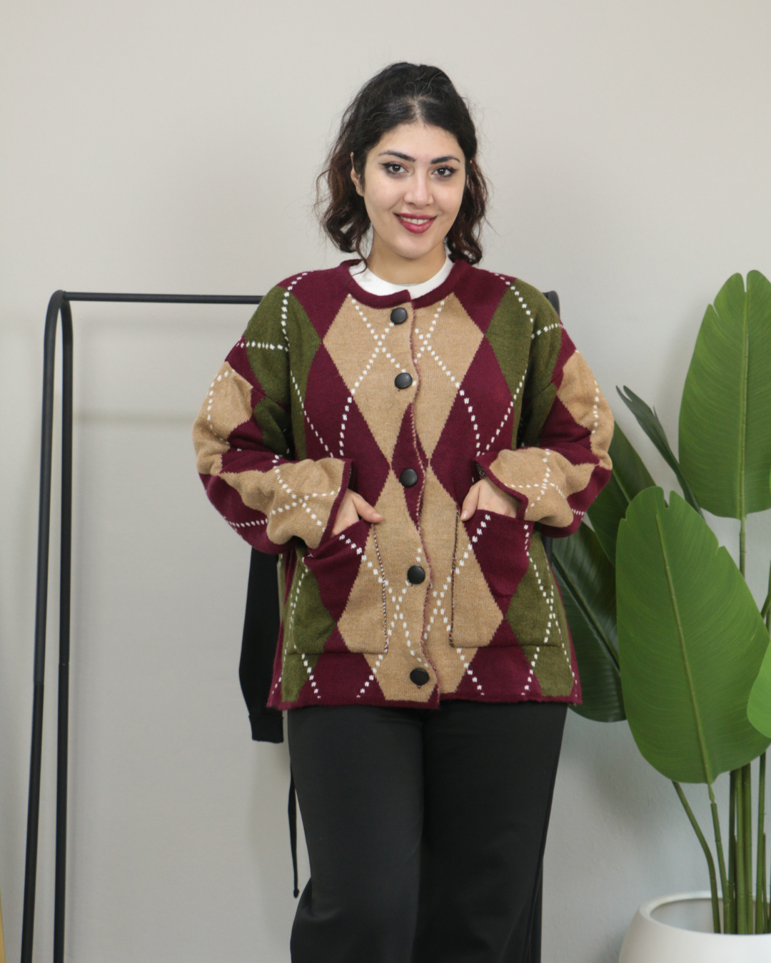 Kareli Desenli Çift Kat Kalın Kışlık Triko Kazak Standart - bordo