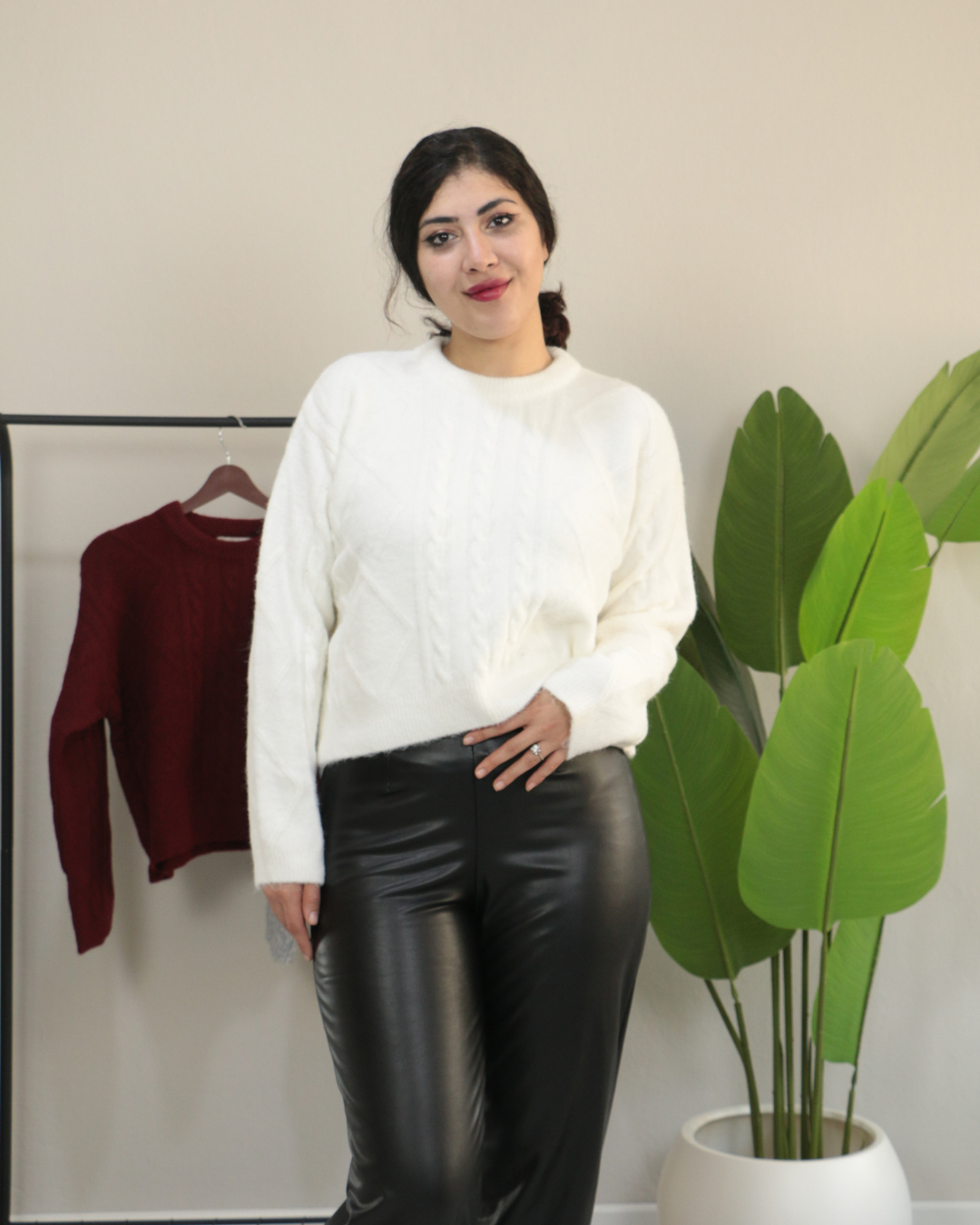 Premium Bisiklet Yaka Yumuşak Dokulu Örgü Desenli Triko Kazak Standart - ekru