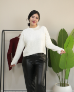 Premium Bisiklet Yaka Yumuşak Dokulu Örgü Desenli Triko Kazak Standart - ekru