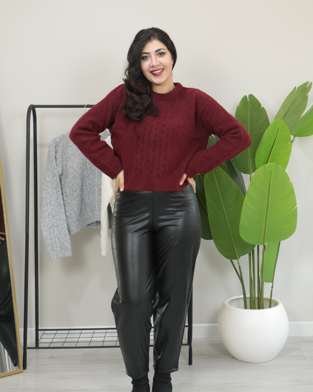 Premium Bisiklet Yaka Yumuşak Dokulu Örgü Desenli Triko Kazak Standart - bordo