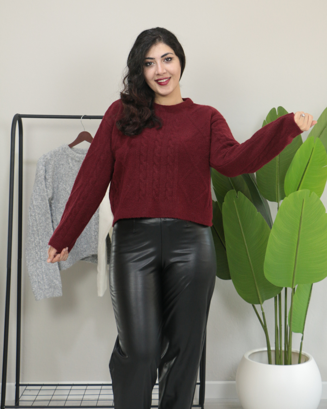 Premium Bisiklet Yaka Yumuşak Dokulu Örgü Desenli Triko Kazak Standart - bordo