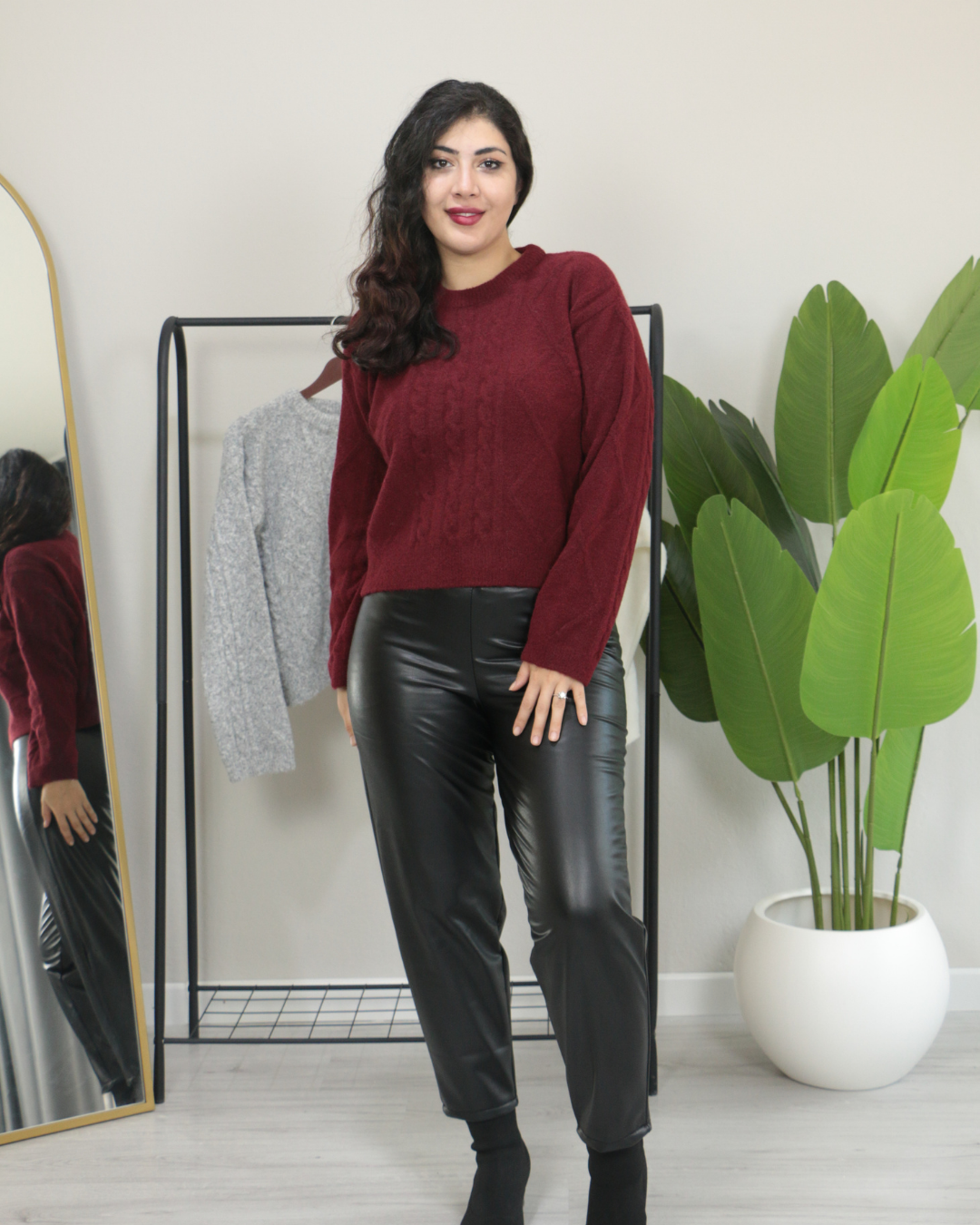 Premium Bisiklet Yaka Yumuşak Dokulu Örgü Desenli Triko Kazak Standart - bordo