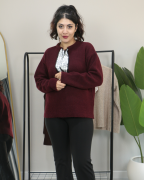 Yakası Fular Detaylı Yumuşak Dokulu Kışlık Triko Kazak Standart - bordo