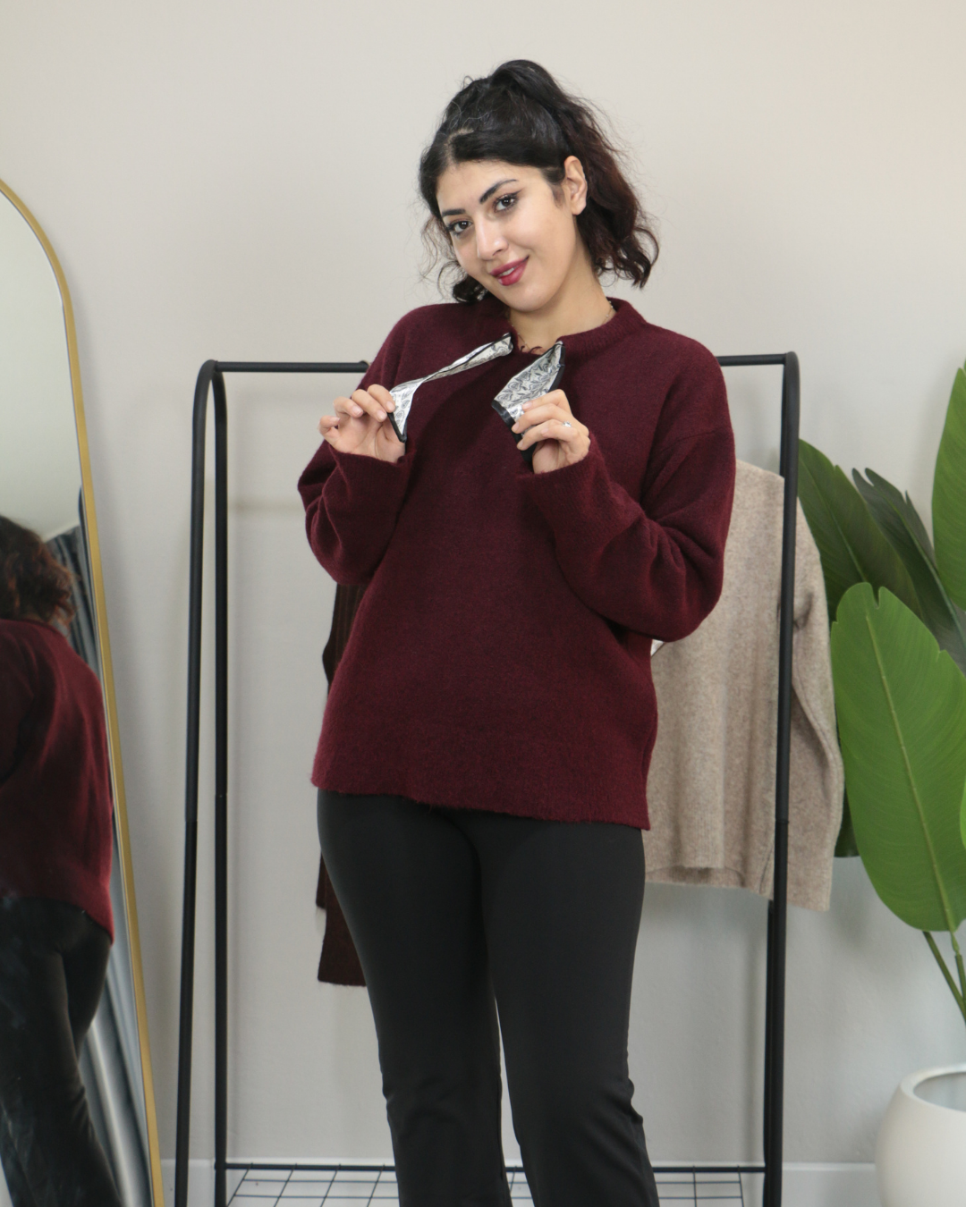 Yakası Fular Detaylı Yumuşak Dokulu Kışlık Triko Kazak Standart - bordo