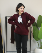 Yakası Fular Detaylı Yumuşak Dokulu Kışlık Triko Kazak Standart - bordo