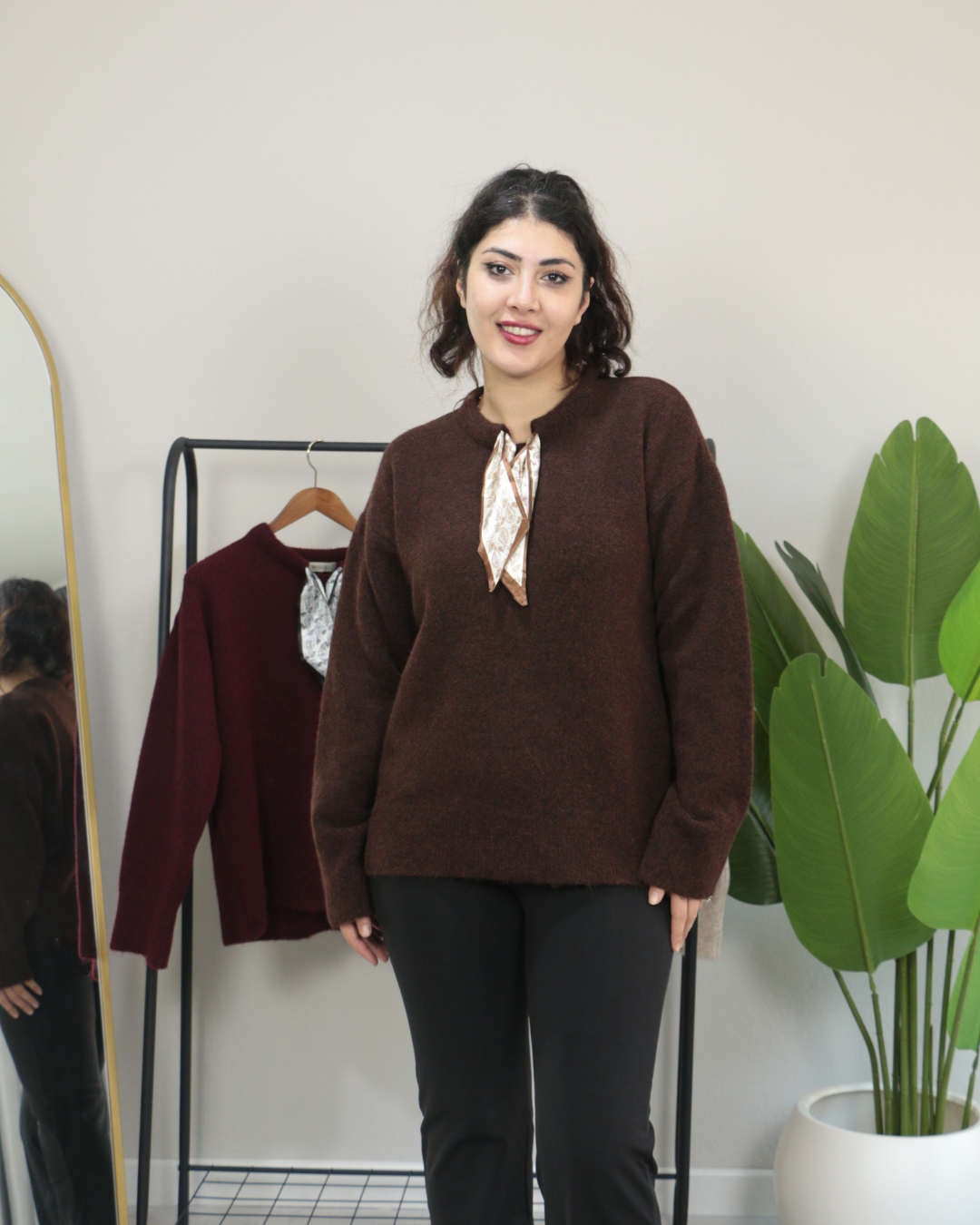 Yakası Fular Detaylı Yumuşak Dokulu Kışlık Triko Kazak Standart - kahverengi