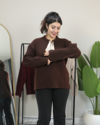 Yakası Fular Detaylı Yumuşak Dokulu Kışlık Triko Kazak Standart - kahverengi