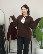 Yakası Fular Detaylı Yumuşak Dokulu Kışlık Triko Kazak Standart - kahverengi