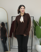 Yakası Fular Detaylı Yumuşak Dokulu Kışlık Triko Kazak Standart - kahverengi