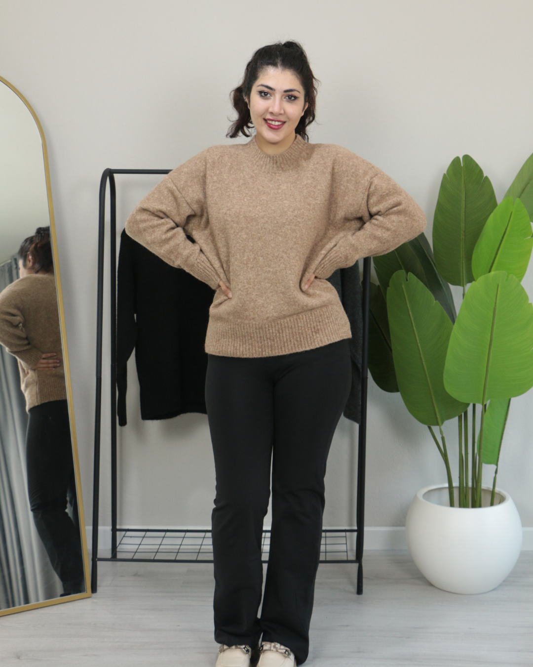 Premium Bisiklet Yaka Yumuşak Dokulu Triko Standart - bej