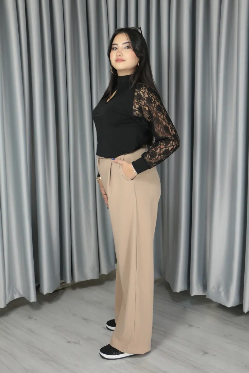 Kadın Krep Kumaş Kolay Ütülenir Düğmeli Kapama Detay Palazzo Pantolon M - bej