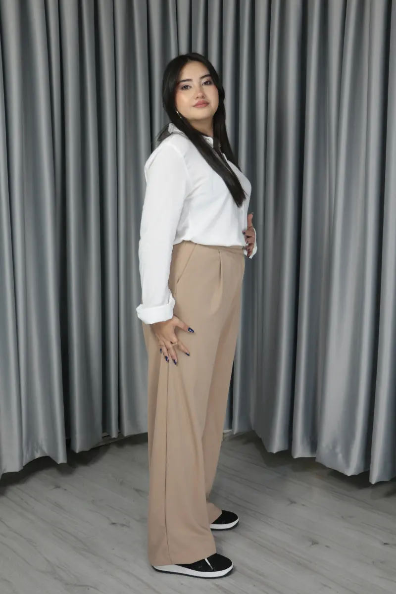 Kadın Krep Kumaş Kolay Ütülenir Düğmeli Kapama Detay Palazzo Pantolon M - bej