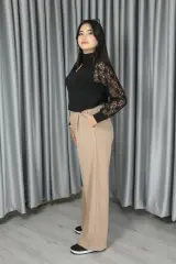 Kadın Krep Kumaş Kolay Ütülenir Düğmeli Kapama Detay Palazzo Pantolon XL - bej