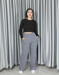 Toparlayıcı Süper Kalite Cırt Kapamalı İthal Krep Kumaş Palazzo Pantolon S - gri