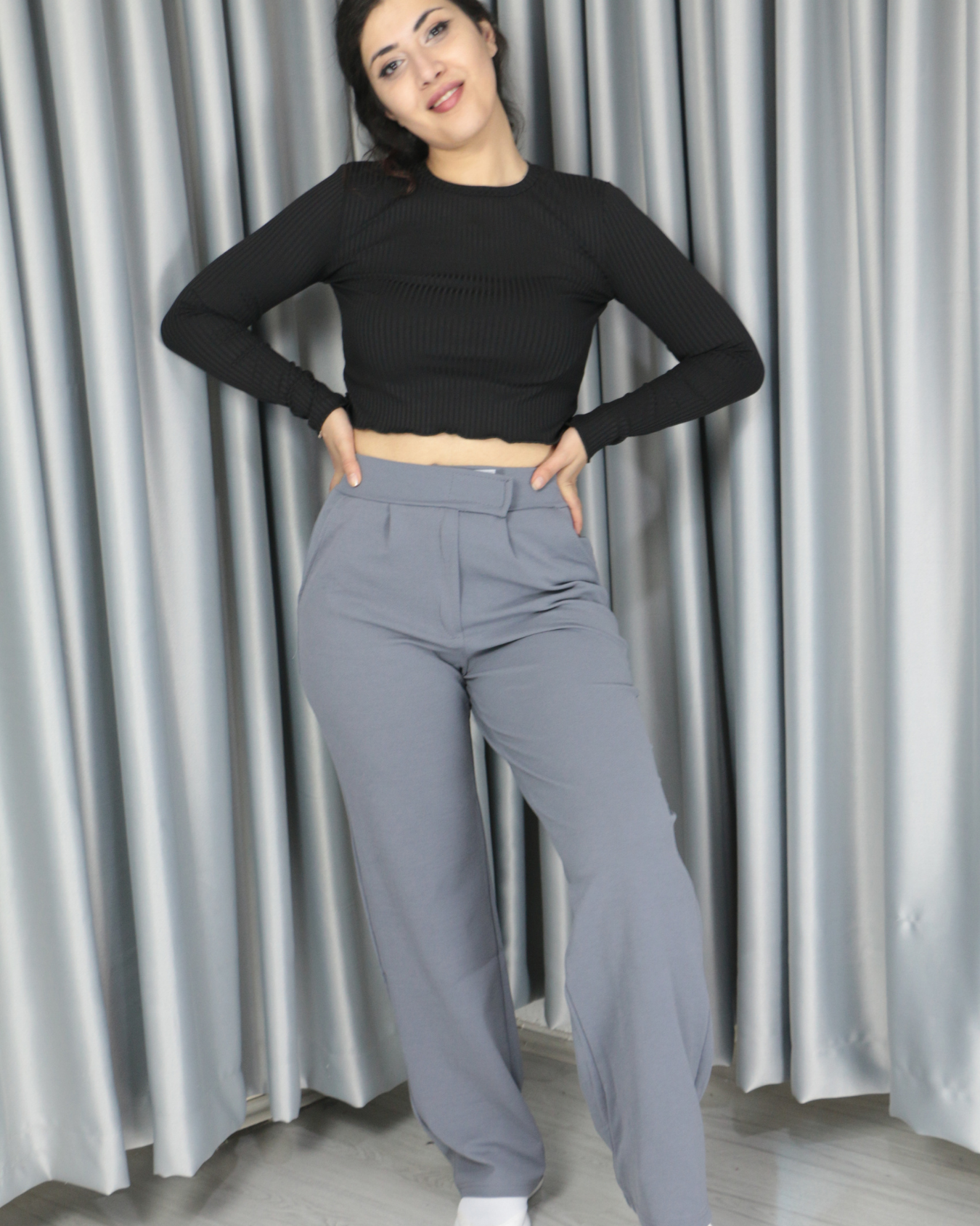 Toparlayıcı Süper Kalite Cırt Kapamalı İthal Krep Kumaş Palazzo Pantolon S - gri