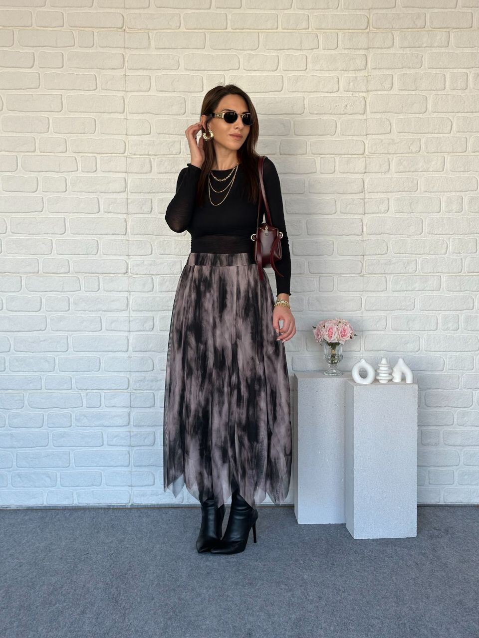 İçi Astarlı Beli Lastikli Asimetrik Kesim Kloş Tül Etek XL - siyah desenli